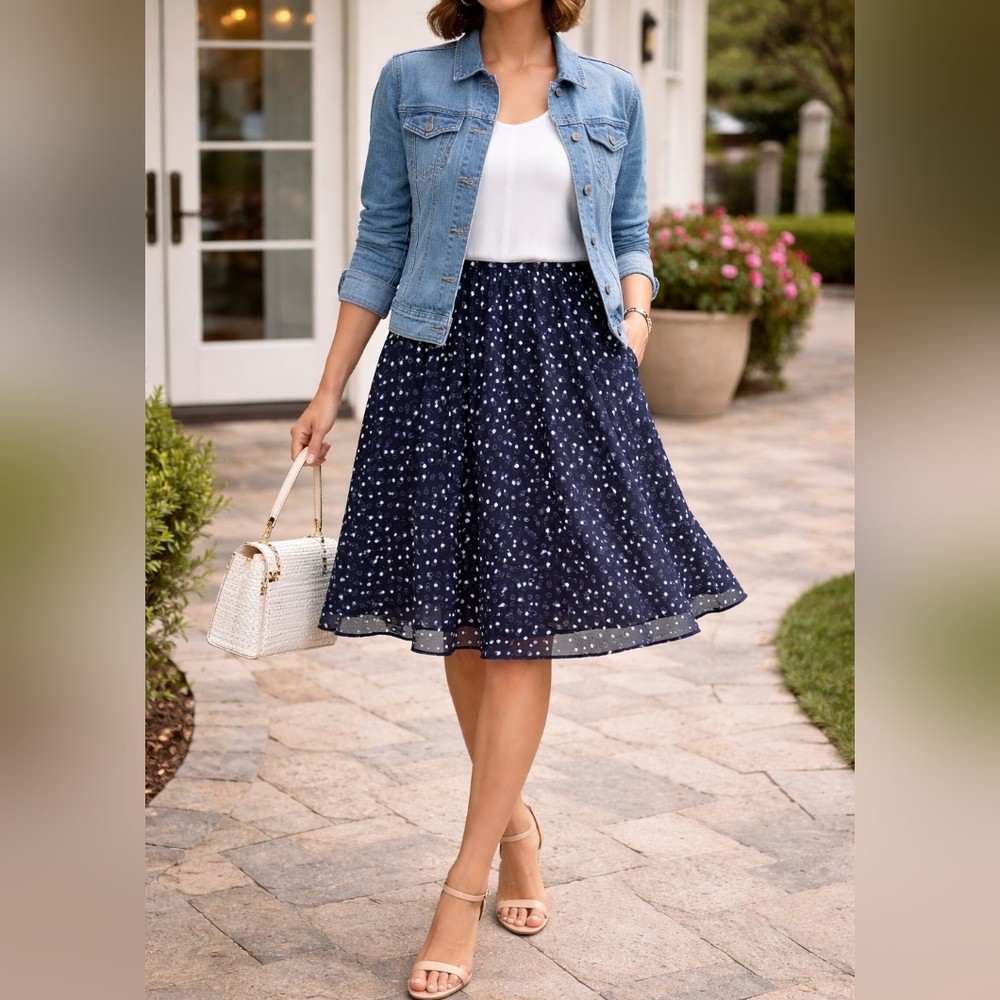 Tanbots Petite Size 14 Softly Gathered Lined A-Line Skirt in Navy w/Dots